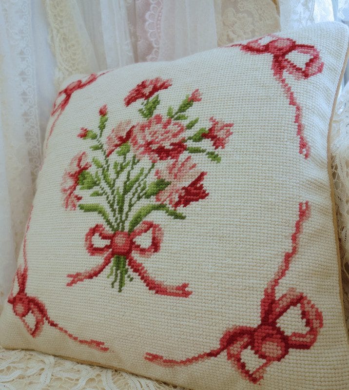 Romantic Pink Carnation Needlepoint Pillow with Decorative Bows