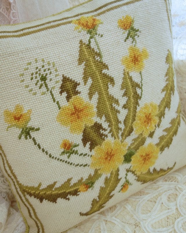 Elegant Yellow Dandelion Needlepoint Pillow with Neutral Background