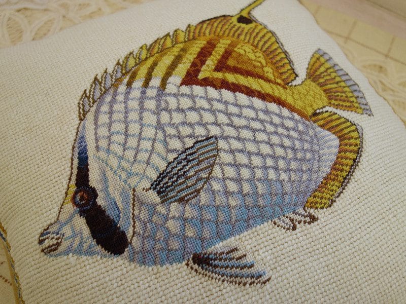 Yellow and Blue Fish Needlepoint Pillow