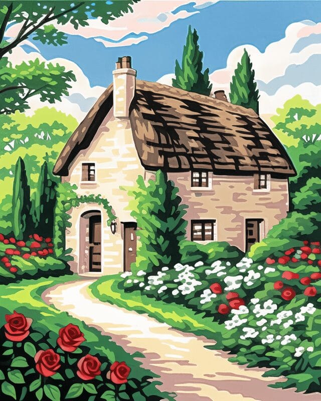 Quaint Cottage Needlepoint Canvas – Idyllic English Countryside Design