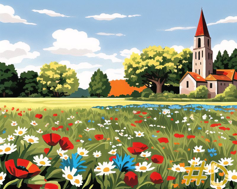 Hometown Church with Wildflowers Needlepoint Canvas