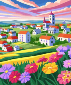 Floral Village Scenery Needlepoint Canvas