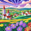 Floral Village Scenery Needlepoint Canvas