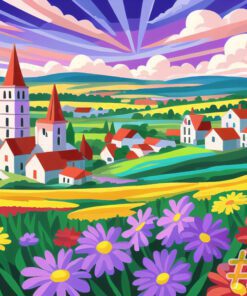 Floral Village Scenery Needlepoint Canvas