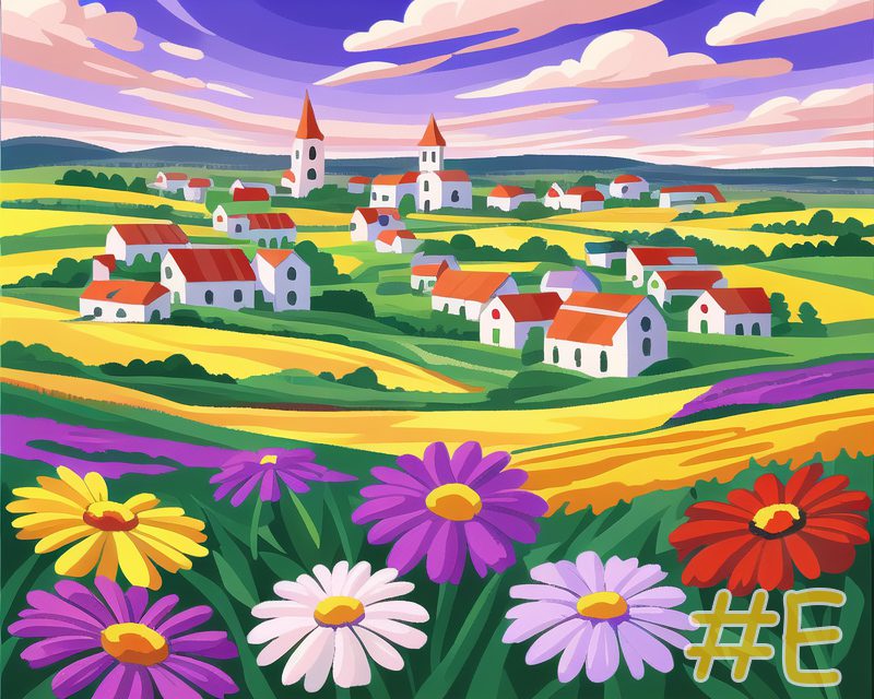 Floral Village Scenery Needlepoint Canvas