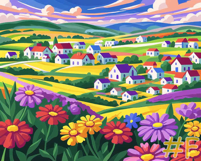 Floral Village Scenery Needlepoint Canvas