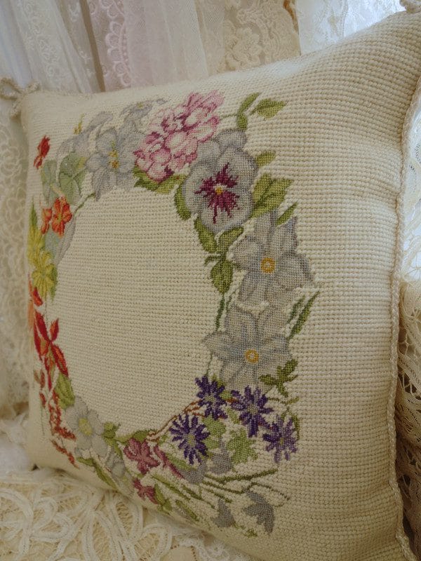 Floral Wreath Needlepoint Pillow in Soft Vintage Tones