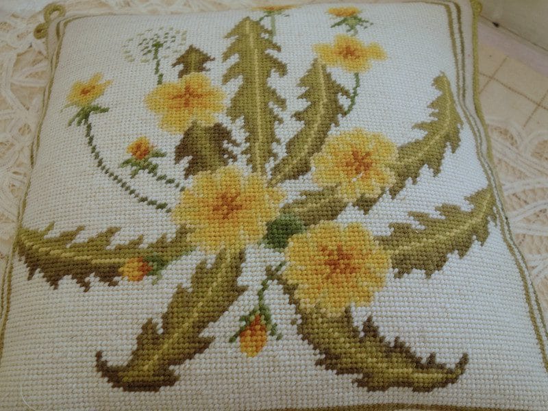 Elegant Yellow Dandelion Needlepoint Pillow with Neutral Background