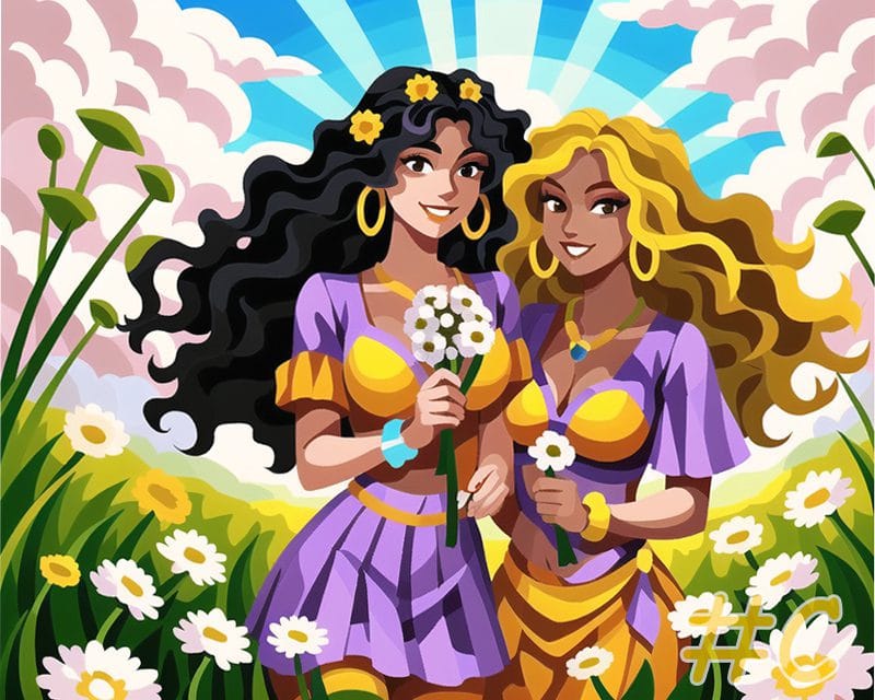 Needlepoint Canvas: Two Women In Daisy Field