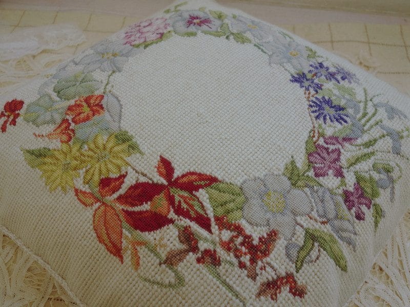 Floral Wreath Needlepoint Pillow in Soft Vintage Tones
