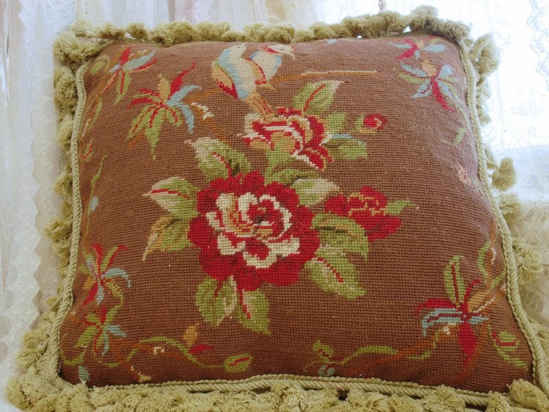 Birds And Bright Flowers Needlepoint Pillow