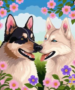 Flower Garden Romantic Dog Pair Needlepoint Canvas