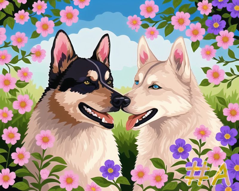 Flower Garden Romantic Dog Pair Needlepoint Canvas