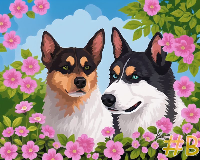 Flower Garden Romantic Dog Pair Needlepoint Canvas