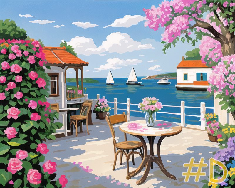 Seaside Balcony with Roses Needlepoint Canvas