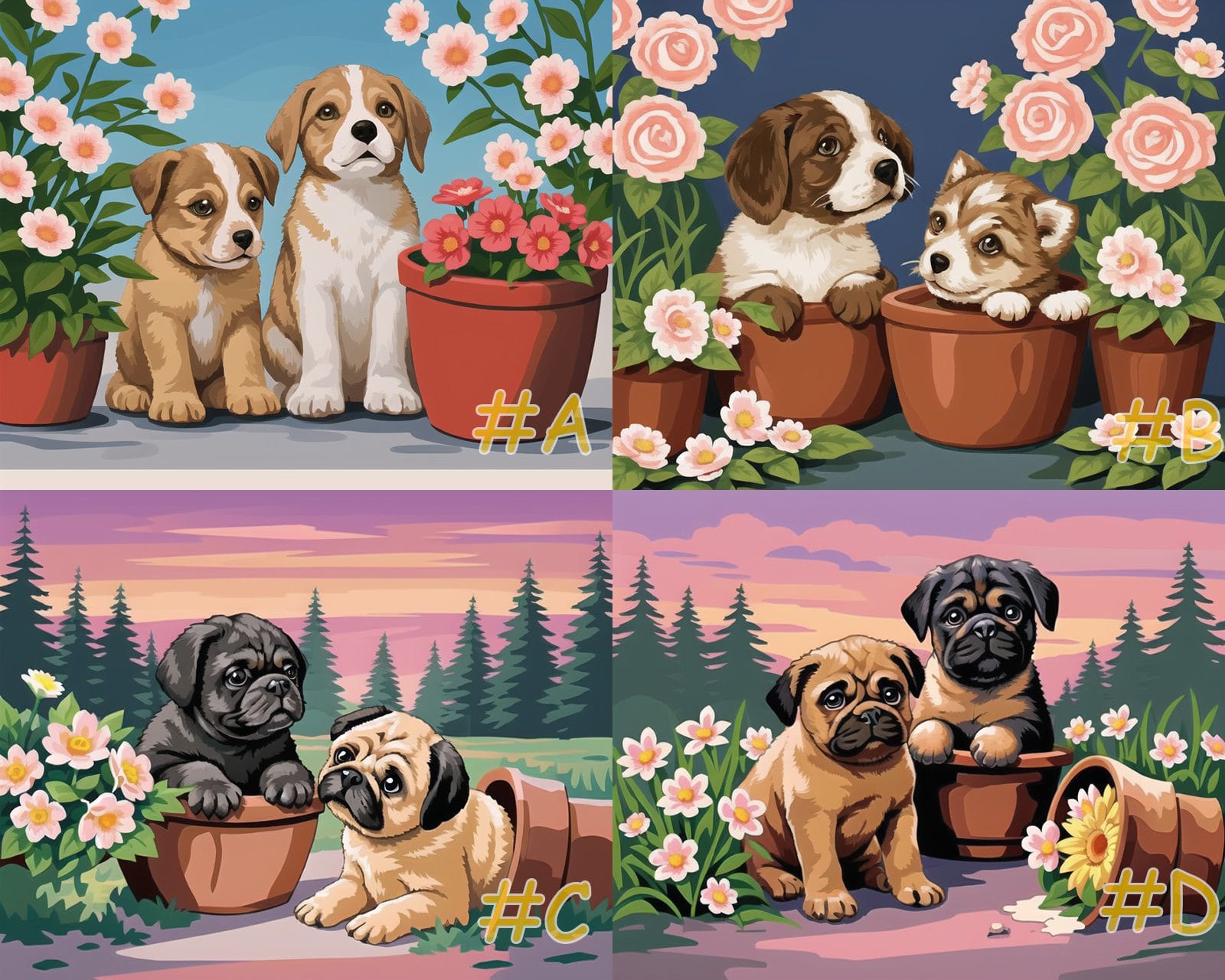 Flower Pot Puppies Needlepoint Canvas