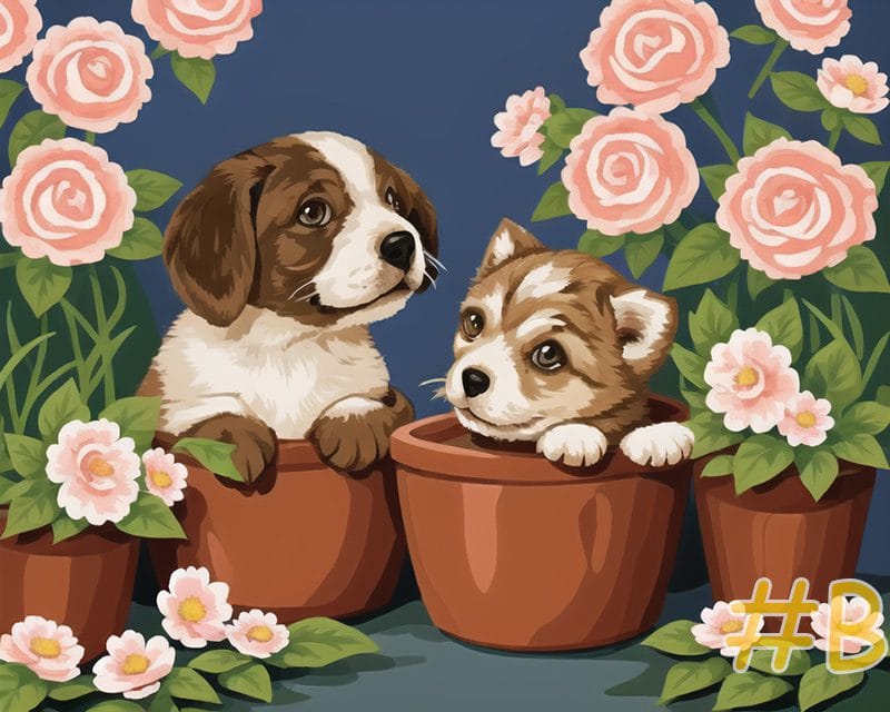 Flower Pot Puppies Needlepoint Canvas