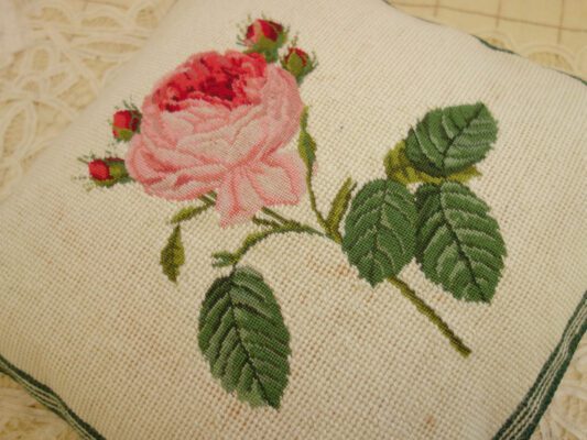 Pink Rose Needlepoint Pillow