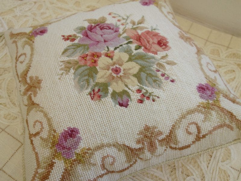 Santa Claus Needlepoint Pillow with Gold Metallic Accents