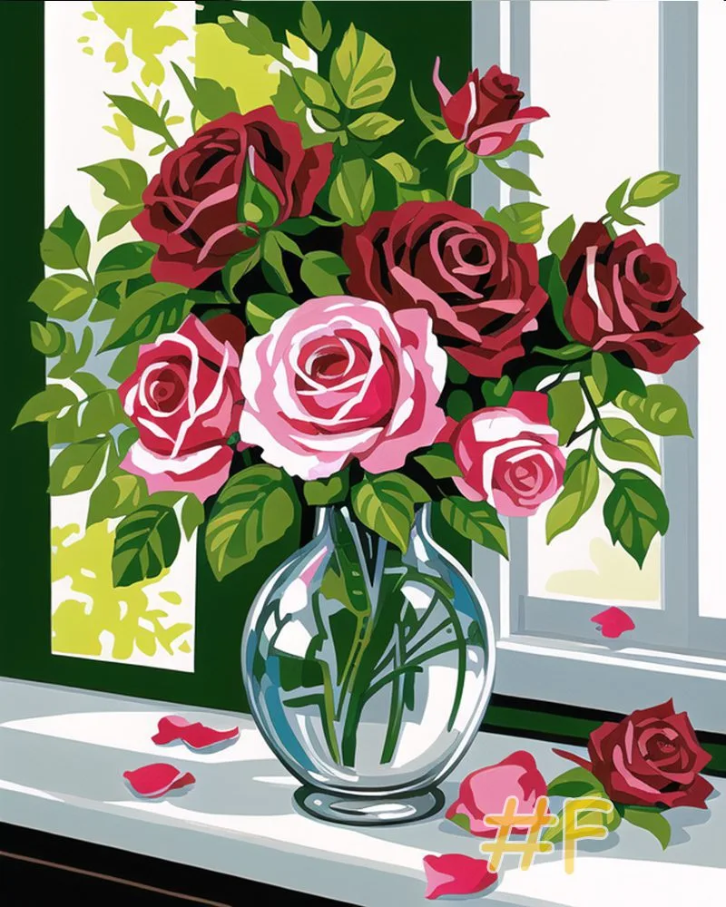 Rose Bouquet by the Window Needlepoint Canvas