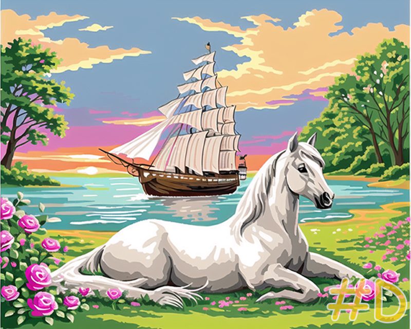 Elegant Horses by the Shore Needlepoint Canvas